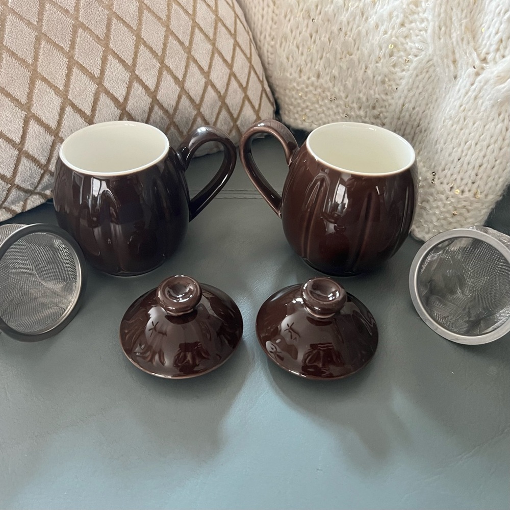 Vintage TEAVANA Brown MCM PORCELAIN 6pc TEA Coffee 8oz CUP MUG SET w/ Infusers - Picture 3 of 16